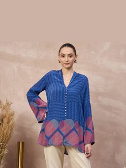 First Resort by Ramola Bachchan - Blue Checkered Hearts Printed Top