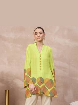 First Resort by Ramola Bachchan - Lime Green Checked Hearts Printed Top