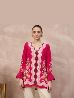 First Resort by Ramola Bachchan - Pink Scallop Printed Floral Top