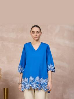 First Resort by Ramola Bachchan - Blue Bloom Scallop Cutwork Top