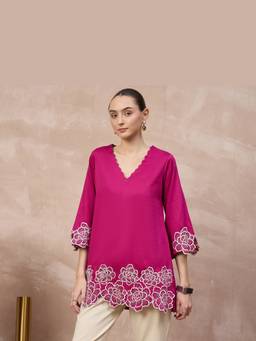 First Resort by Ramola Bachchan - Pink Bloom Scallop Cutwork Top