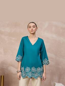 First Resort by Ramola Bachchan - Teal Bloom Scallop Cutwork Top