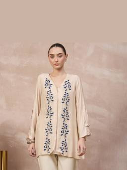 First Resort by Ramola Bachchan - Beige Petals Hand Embroidered Top