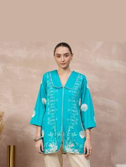 First Resort by Ramola Bachchan - Sky Blue Lotus and Swan Printed Top
