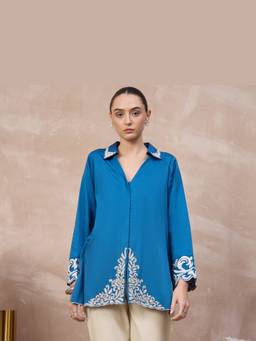 First Resort by Ramola Bachchan - Blue Baroque Rose Embroidered Top
