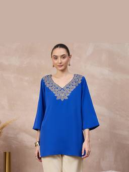 First Resort by Ramola Bachchan - Blue Chandelier Embellished Top