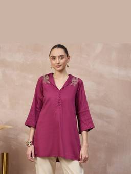 First Resort by Ramola Bachchan - Purple Plum Bejewelled Pintuck Top