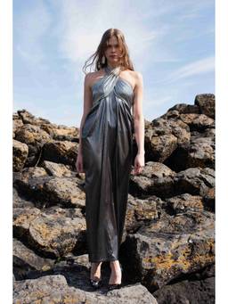 dash and dot - Silver Metallic Block Halter Dress