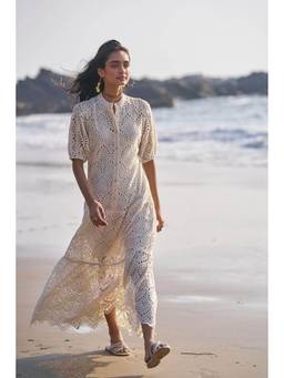 dash and dot - Beige Schiffli Tiered Dress