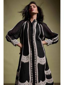 dash and dot - Black Linen Lace Shirt Dress