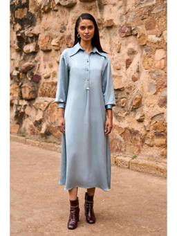 dash and dot - Blue Textured Satin Shirt Dress
