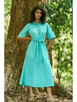 dash and dot - Front Tie Blue Shirt Dress