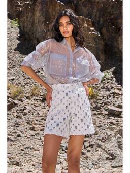 dash and dot - White Sequin Textured Shorts