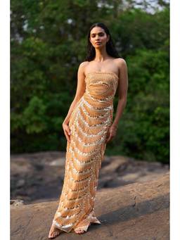 dash and dot - Peach Pearl Embellished A-Line Dress