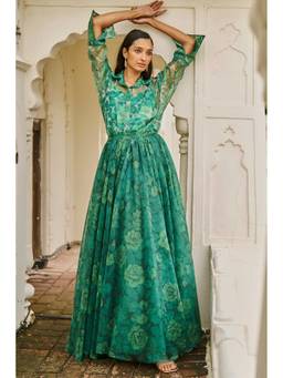 dash and dot - Green Printed Organza Shirt