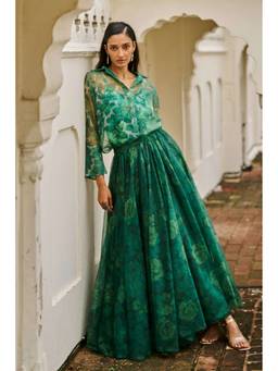 dash and dot - Green Printed Organza Maxi Skirt