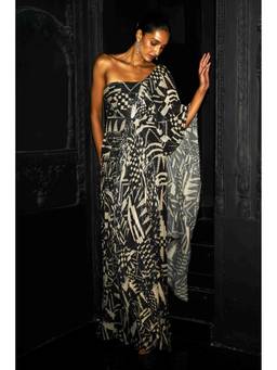 dash and dot - Black Monochrome Sequin Sari Drape Gown