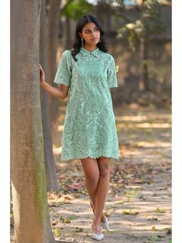 dash and dot - Green Scalloped Embroidered Mini Shirt Dress