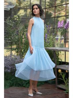 dash and dot - Blue Pleated Textured Tiered Dress