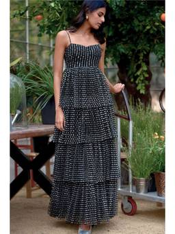 dash and dot - Black Pleated Polka Dot Tiered Maxi Dress