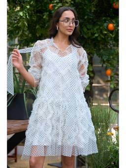 dash and dot - Hand Applique Polka Dot White Dress
