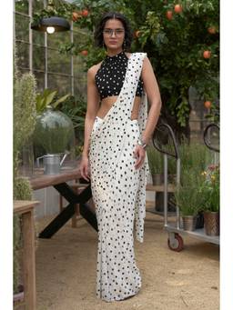 dash and dot - White Polka Dot Sari Drape Skirt