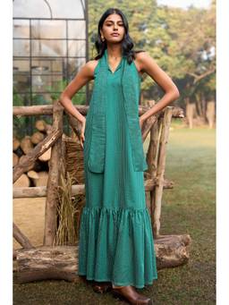 dash and dot - Teal Striped Neck Tie Maxi Dress