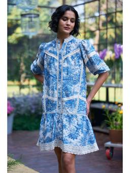 dash and dot - Blue Linen Toile and Lace Tiered A-Line Dress