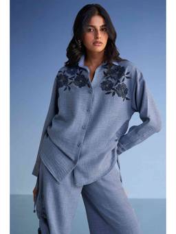 dash and dot - Blue Beaded Linen Textured Shirt