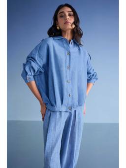 dash and dot - Blue Box Pleated Linen Textured Shirt