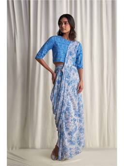 dash and dot - Blue Toile Print Sari Drape Skirt