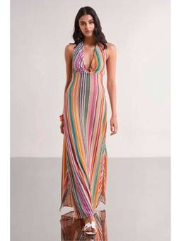 dash and dot - Halter Neck Crochet Knit Multi-Color Maxi Dress