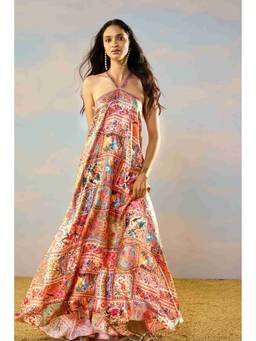dash and dot - Multi-color Ornamental Print Halter Maxi