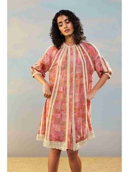 dash and dot - Multi-color Printed Linen-Lace A-Line Dress