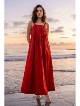 dash and dot - Red Poplin A-Line Midi Dress