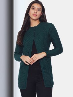 CLAPTON - Womens Wool Blend Green Full Sleeve Solid Self Design Round Neck Cardigan