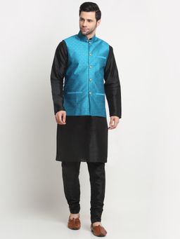Kraft India - Men Silk Blend Black Kurta and Churidar with Blue Nehru Jacket (Set of 3)