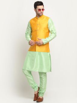 Kraft India - Men Silk Blend Sea Green Kurta and Churidar with Yellow Nehru Jacket (Set of 3)