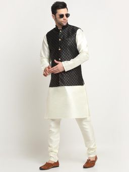 Kraft India - Men Silk Blend Cream Kurta and Churidar with Black Nehru Jacket (Set of 3)