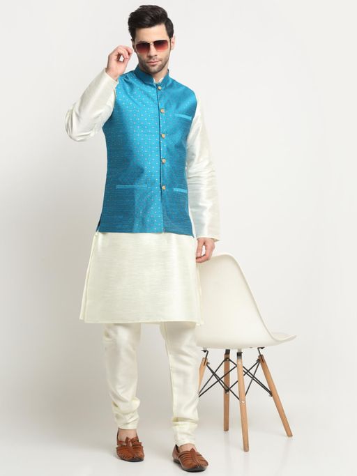 Kraft India Men Silk Blend Cream Kurta and Churidar with Blue Nehru Jacket (Set of 3)