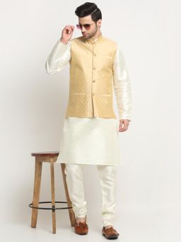 Kraft India - Men Silk Blend Cream Kurta and Churidar with Beige Nehru Jacket (Set of 3)