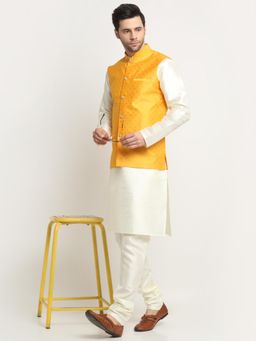 Kraft India - Men Silk Blend Cream Kurta and Churidar with Yellow Nehru Jacket (Set of 3)