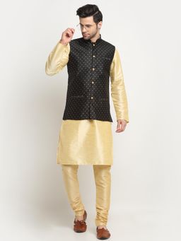Kraft India - Men Silk Blend Beige Kurta and Churidar with Black Nehru Jacket (Set of 3)