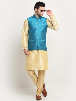 Kraft India - Men Silk Blend Beige Kurta and Churidar with Blue Nehru Jacket (Set of 3)