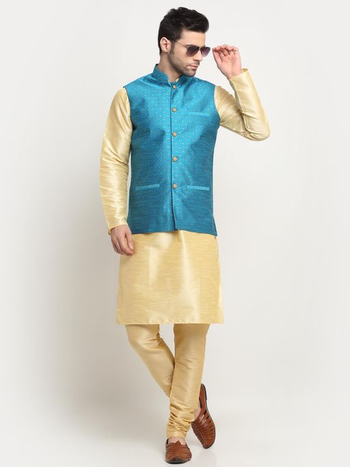 Kraft India Men Silk Blend Beige Kurta and Churidar with Blue Nehru Jacket (Set of 3)