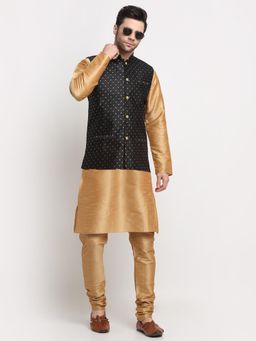 Kraft India - Men Silk Blend Gold-Toned Kurta and Churidar with Black Nehru Jacket (Set of 3)