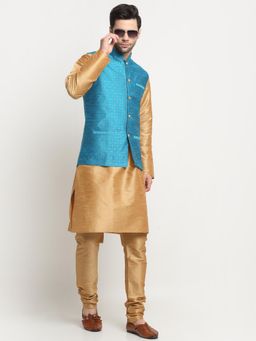 Kraft India - Men Silk Blend Gold-Toned Kurta and Churidar with Blue Nehru Jacket (Set of 3)