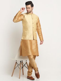 Kraft India - Men Silk Blend Gold-Toned Kurta and Churidar with Beige Nehru Jacket (Set of 3)