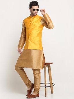 Kraft India - Men Silk Blend Gold-Toned Kurta and Churidar with Yellow Nehru Jacket (Set of 3)