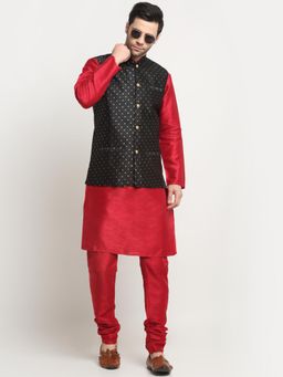 Kraft India - Men Silk Blend Maroon Kurta and Churidar with Black Nehru Jacket (Set of 3)